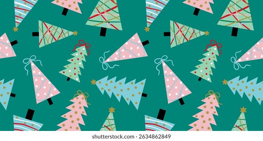 abstract art seamless christmas new year trees pattern pastel pale colors emerald background for web design textile paper