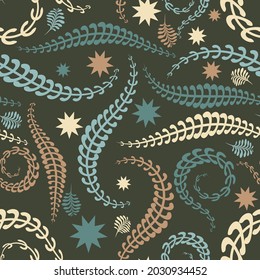 abstract art seamless pattern. azure, turquoise, brown, light yellow stars, curved and swirling art forms are randomly arranged on a dark background. vector 