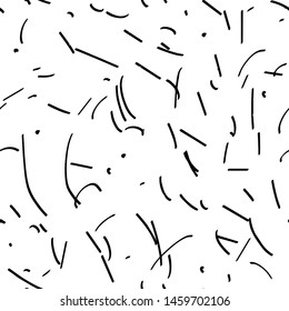 Abstract art seamless pattern, created by dry ink brush. Textured black lines and dots in simple abstract pattern on white background. Black and white abstract art seamless pattern