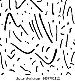 Abstract art seamless pattern, created by dry ink brush. Textured black lines and dots in simple abstract pattern on white background. Black and white abstract art seamless pattern