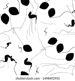 Abstract art seamless pattern, created by dry ink brush. Textured black lines and dots in simple abstract pattern on white background. Black and white abstract art seamless pattern