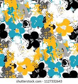Abstract art seamless pattern. Flowers, paint spots. Grunge background texture