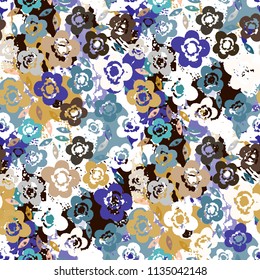 Abstract art seamless pattern. Flowers, paint spots. Grunge background texture