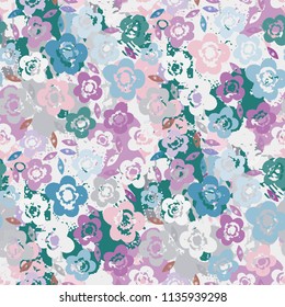 Abstract art seamless pattern. Flowers, paint spots. Grunge background texture