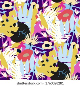 Abstract art seamless pattern, flowers, leaves, floral shapes. Creative trendy repeating background. Modern texture. Colorful print