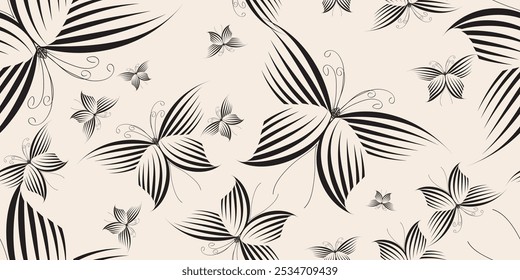 Abstract art seamless pattern with gentle botanical flowers and leaves. Black and white color for pattern design. Vector illustration