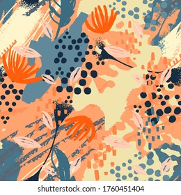 Abstract art seamless pattern, paint spots, floral shapes. Creative trendy background. Modern texture. Print design