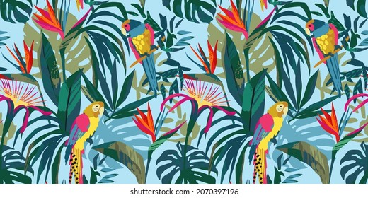 Abstract art seamless pattern with parrots and tropical plants. Modern exotic design for paper, cover, fabric, interior decor and other users.