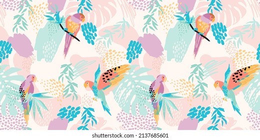 Abstract art seamless pattern with parrots and tropical leaves. Modern exotic design for paper, cover, fabric, interior decor and other users.