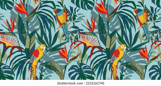 Abstract art seamless pattern with parrots and tropical plants. Modern exotic design for paper, cover, fabric, interior decor and other users.