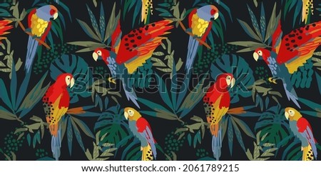 Abstract art seamless pattern with parrots and tropical leaves. Modern exotic design for paper, cover, fabric, interior decor and other users.