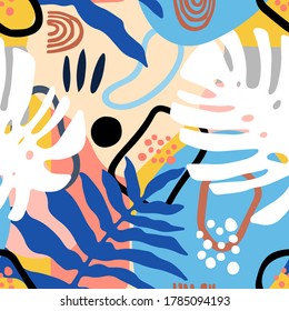 Abstract art seamless pattern, tropical leaves, geometric shapes, paint spots. Creative trendy background. Modern texture. Colorful print