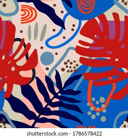 Abstract art seamless pattern, tropical leaves, geometric shapes, paint spots. Creative trendy background. Modern texture. Colorful print