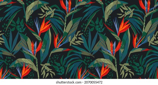 Abstract art seamless pattern with tropical leaves and flowers. Modern exotic design for paper, cover, fabric, interior decor and other users.