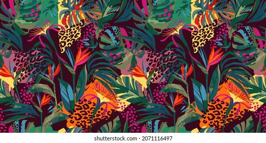 Abstract art seamless pattern with tropical leaves and flowers. Modern exotic design for paper, cover, fabric, interior decor and other users.