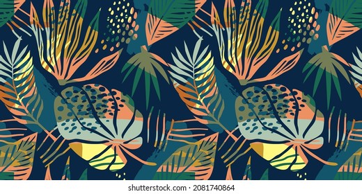 Abstract art seamless pattern with tropical leaves. Modern exotic design for paper, cover, fabric, interior decor and other users.
