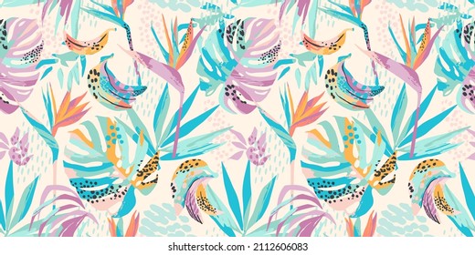 Abstract art seamless pattern with tropical leaves and flowers. Modern exotic design for paper, cover, fabric, interior decor and other users.