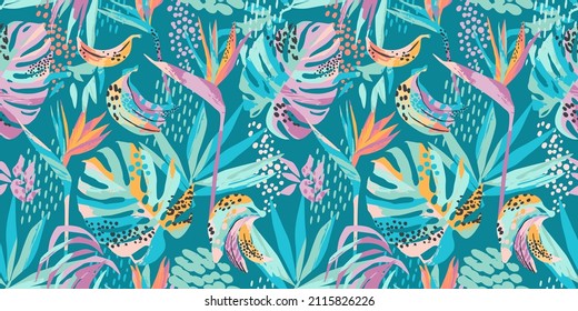 Abstract art seamless pattern with tropical leaves and flowers. Modern exotic design for paper, cover, fabric, interior decor and other users.