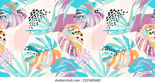Abstract art seamless pattern with tropical leaves. Modern exotic design for paper, cover, fabric, interior decor and other users. - Shutterstock ID 2137685683