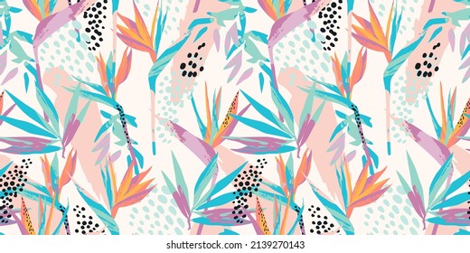 Abstract art seamless pattern with tropical leaves and flowers. Modern exotic design for paper, cover, fabric, interior decor and other users.