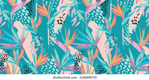 Abstract art seamless pattern with tropical leaves and flowers. Modern exotic design for paper, cover, fabric, interior decor and other users.