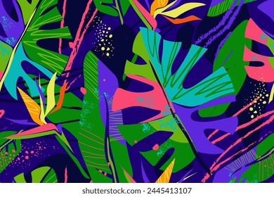 
Abstract art seamless pattern with tropical leaves and flowers. Bright and colorful strelitzia flowers, monstera leaves and abstract elements on dark background. Modern exotic jungle plants.