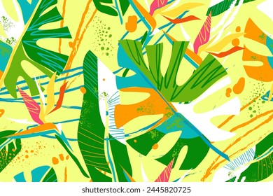 Abstract art seamless pattern with tropical leaves and flowers. Colorful strelitzia flowers, monstera leaves and abstract objects on yellow background. Modern exotic jungle plants. Vector.