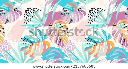 Abstract art seamless pattern with tropical leaves. Modern exotic design for paper, cover, fabric, interior decor and other users.