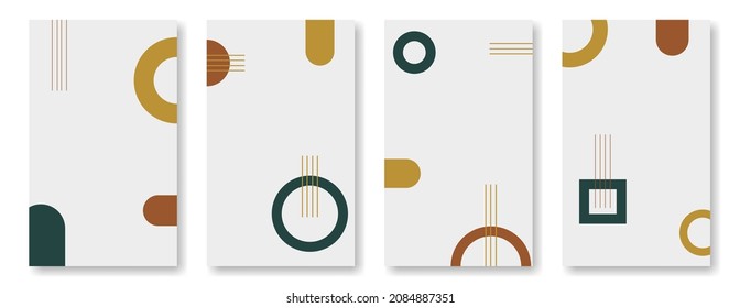 Abstract art set of vertical backgrounds with empty space for text for posting with social media and stories. Contemporary geometric minimalism in trendy palette