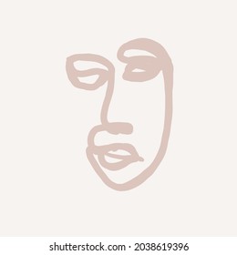 Abstract art shape human face minimal style hand painting line art design in beige neutral earthy tones. Bohemian. Minimal chic illustration