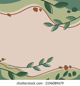 Abstract Art shape liquid with green sage leaf botany elements with line in nude pastel color for quote and social media post background template square banner vector illustration image