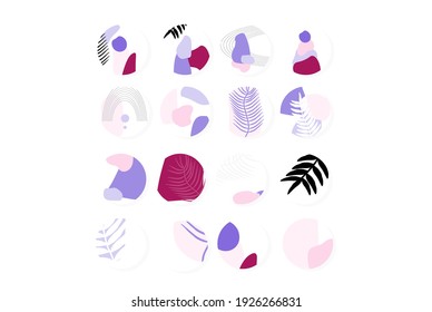 Abstract art shapes highlight covers. Abstract icon summer lillac color. Social media blogger set, feminine hand drawn floral logo. Boho terra minimalistic design stories cover set.