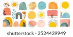 Abstract art shapes and spots. Minimalism. Vector illustrations of dots, sketch of sun, leaf, abstraction, strokes, texture, uneven lines, icons, paint strokes for banner, interior poster or design