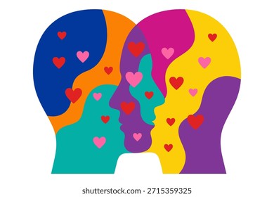 Abstract art showing profiles of two heads filled with colorful shapes and hearts, representing love, empathy, and connection.