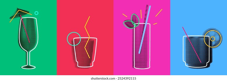 Abstract art silhouettes cocktail drinks in minimal geometric style. Set fashion design elements for bar, cafe, restaurant. Bright vector illustration.