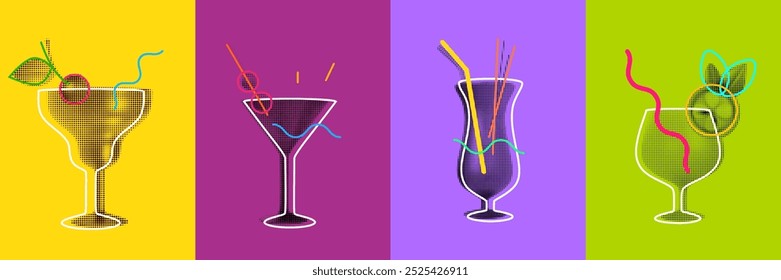 Abstract art silhouettes cocktail drinks in minimal geometric style. Set fashion design elements for bar, cafe, restaurant. Bright vector illustration.