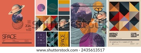 Abstract art space. Vector modern trendy illustrations of planets, line art, universe, galaxy, seamless geometric pattern for poster, brochure or background