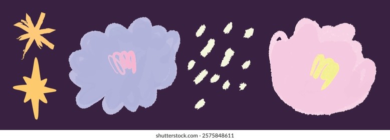 Abstract art with stars and clouds. Stars and clouds in pastel colors. Artistic stars and clouds on a dark background. Stars and clouds in abstract style. Cute vector set.