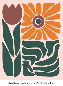 Arte abstracto con girasol y flor de tulipán. Impresiones artísticas minimalistas inspiradas en Matisse.