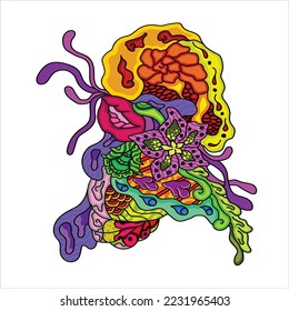 Abstract Art takes the form of chepalopoda with whimsical ornamentation and dynamic colors