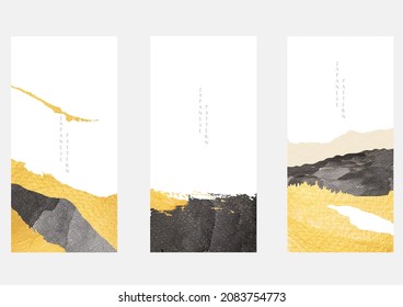 Abstract art template with geometric pattern. Landscape background with Japanese wave pattern. Mountain forest layout design in Asian style. Gold and black Invitation and celebration card design.