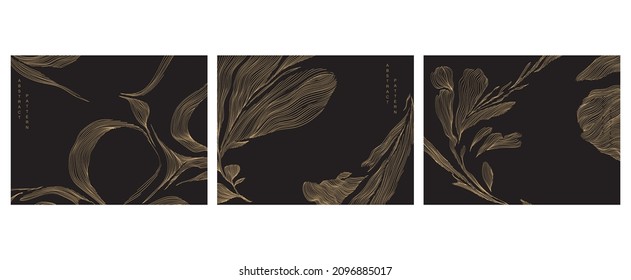 Abstract art template with geometric pattern. Japanese background with gold hand drawn line flower pattern vector. Floral decoration layout design in vintage style. 