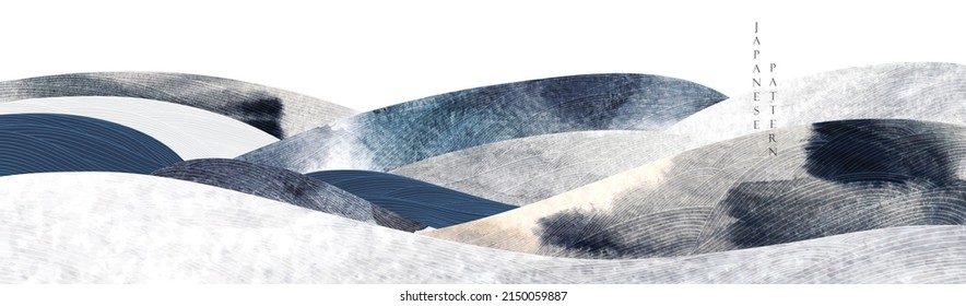 Abstract art template with geometric pattern. Japanese background with watercolor texture vector. Mountain landscape layout design in oriental style. grey and black banner.