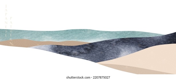 Plantilla de arte abstracta con patrón geométrico. Fondo japonés con vector de textura acuarela. Diseño de paisajes de montaña de estilo oriental. Diseño de banderas azules y negras