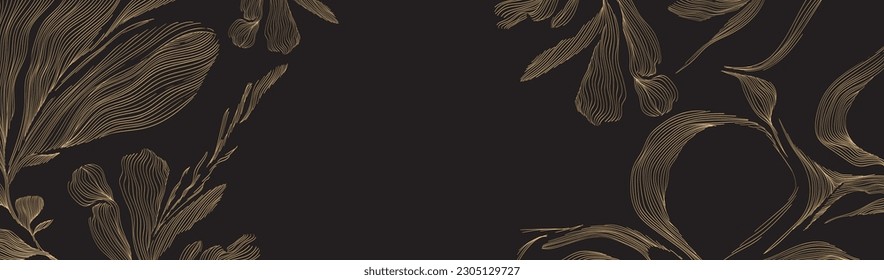 Abstract art template with geometric pattern. Japanese background with gold hand drawn line flower pattern vector. Floral decoration backdrop design in vintage style. 