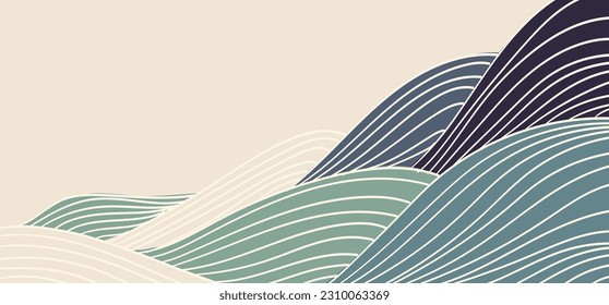 Abstract art template with geometric pattern backdrop. Japanese background with line wave pattern vector. Mountain and ocean object in oriental style. 