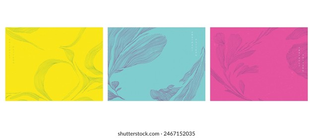 Abstract art template with geometric pattern. Japanese background with colorful hand drawn line flower pattern vector. Floral decoration layout design in vintage style. 