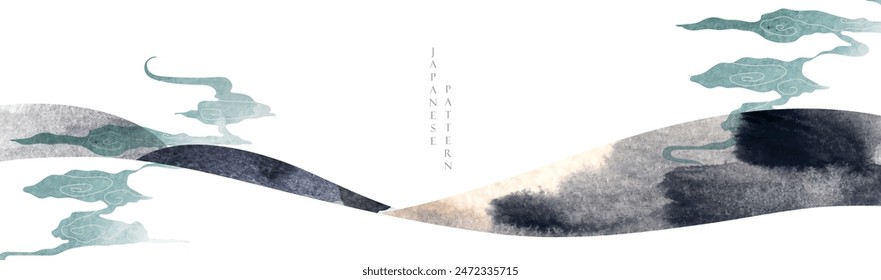 Plantilla de arte Abstractas con patrón geométrico. Fondo japonés con Vector de textura de acuarela. Paisaje de montaña con diseño de nube china en estilo oriental. Anuncio gris y negro.