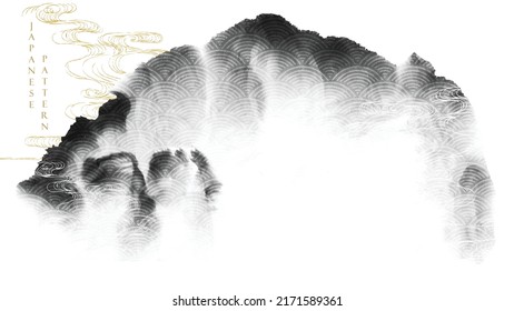 Abstract art template with  Japanese background. Black watercolor texture vector with mountain landscape layout design in oriental style. grey and white banner