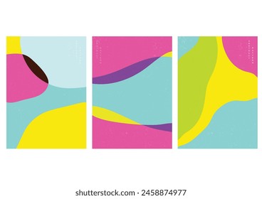 Abstract art template in risography style. Japanese pattern vector. Colorful wedding invitation and frame background. Geometric pattern and brush stroke decoration.